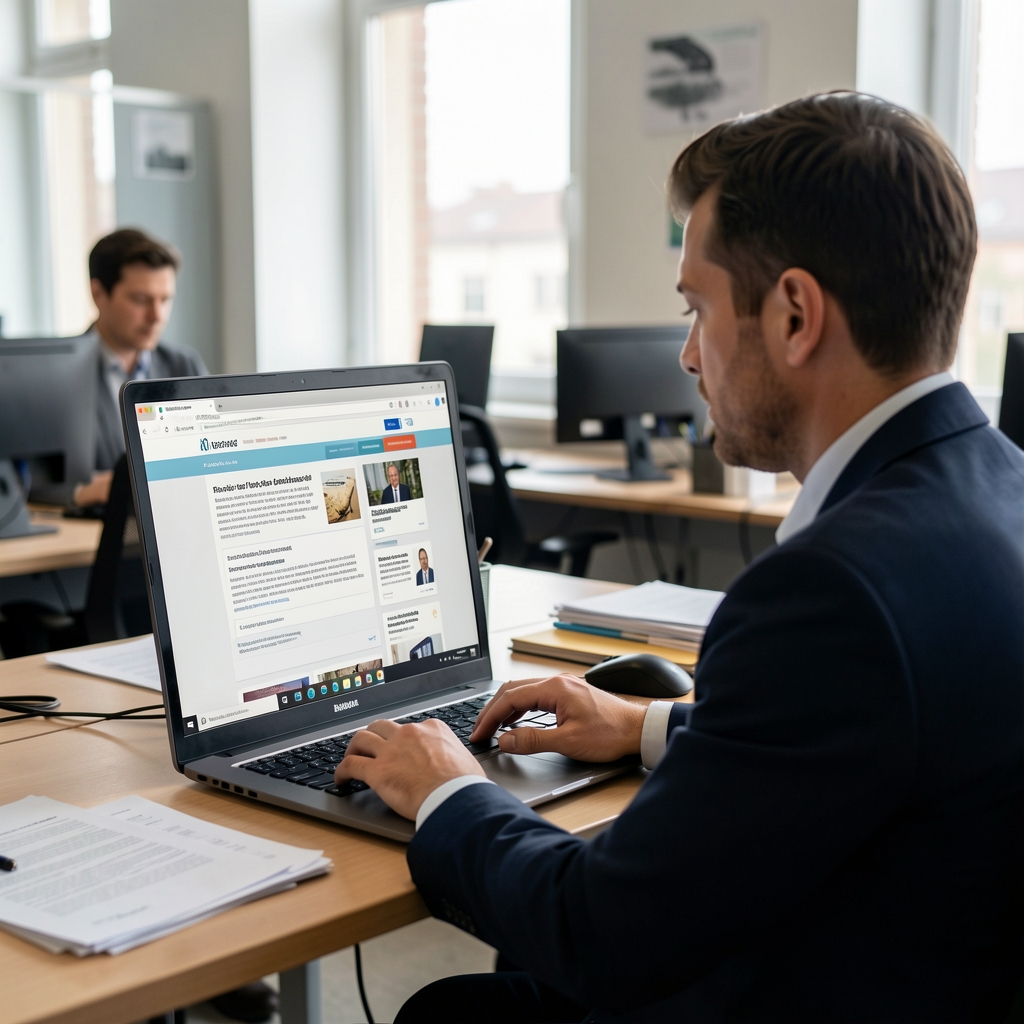 Новинар провјерава информације на рачунару, отворени претраживач са вишеструким изворима на екрану у редакцији