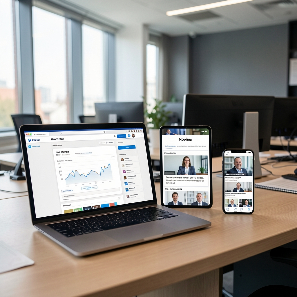 Moderna redakcija sa više ekrana – novinari rade na laptopima i prate live dashboard sa digitalnim metrikama