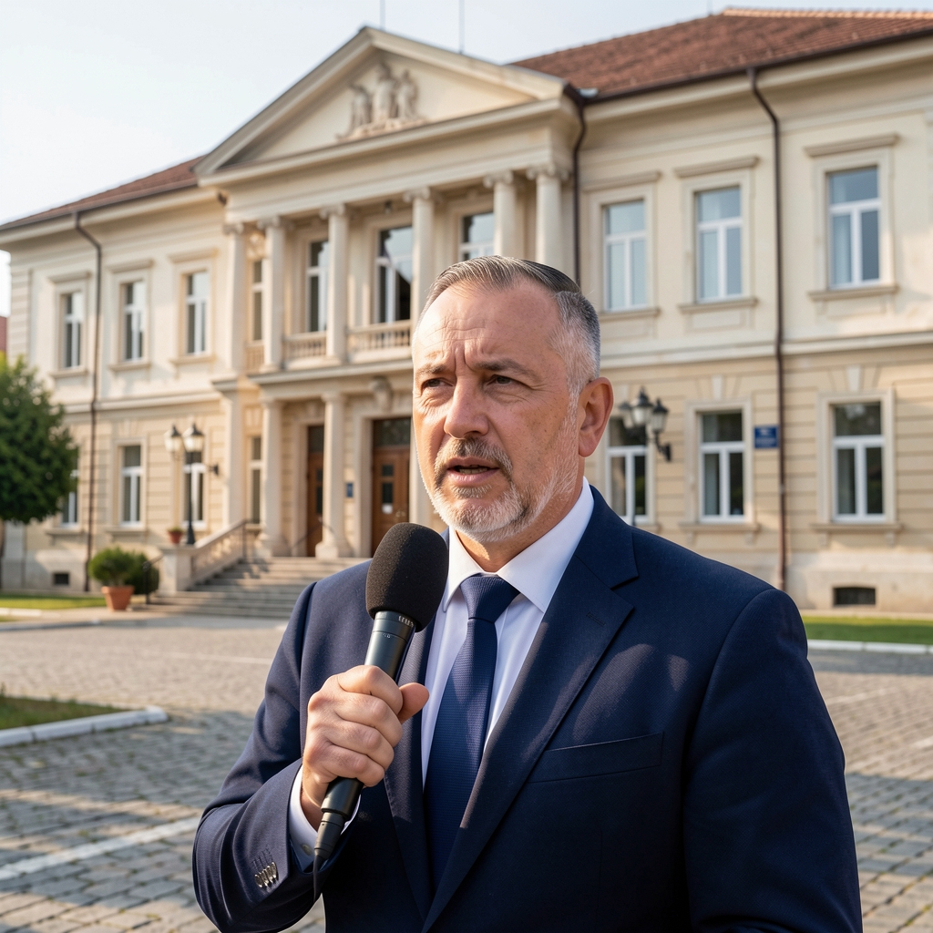 Новинар са микрофоном испред зграде институције, сцена са прес-конференције у Подгорици