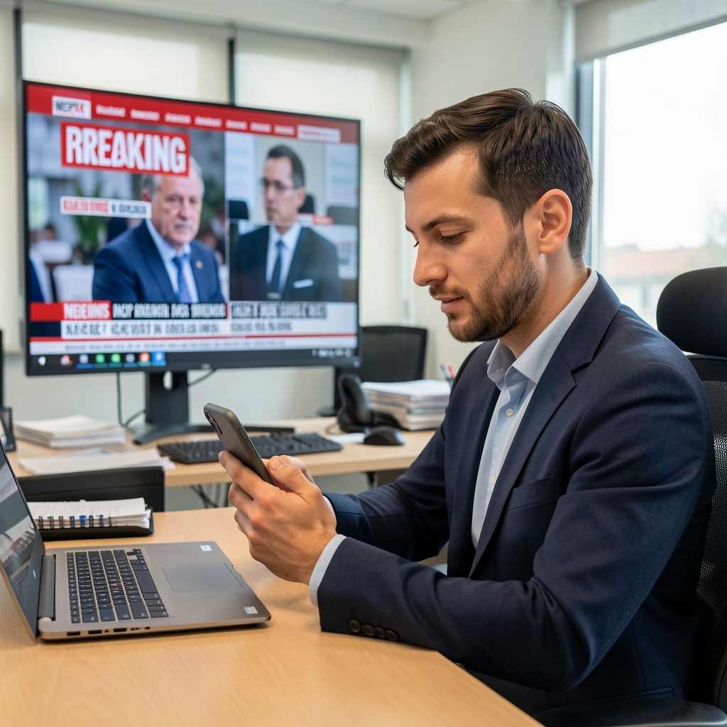 Novinar prati live stream vijesti na telefonu dok sjedi u redakciji, ekrani u pozadini pokazuju breaking news na TV-u i laptopovima