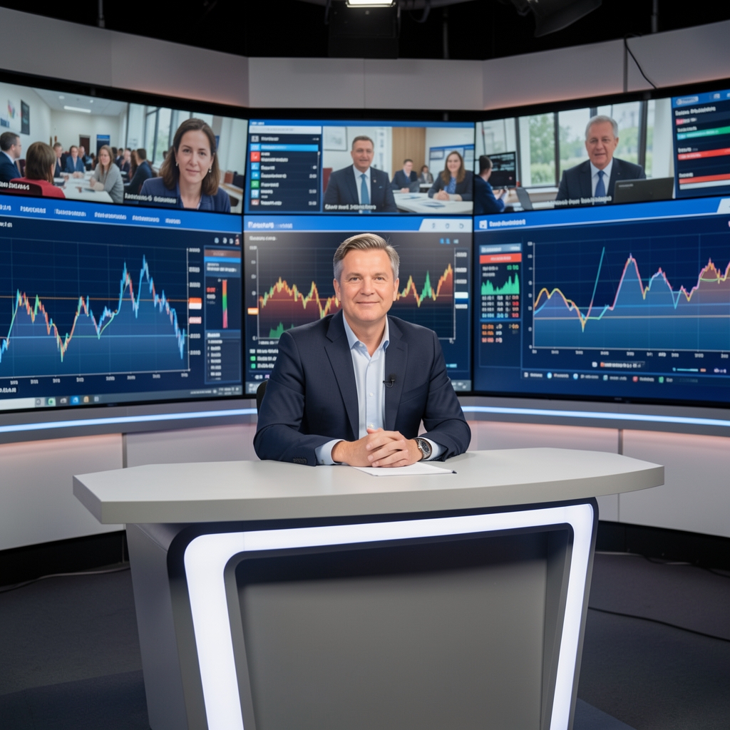 Televizijski studio za informativni program – reporter za pultom sa ekranima u pozadini koji prikazuju live prenose i grafike